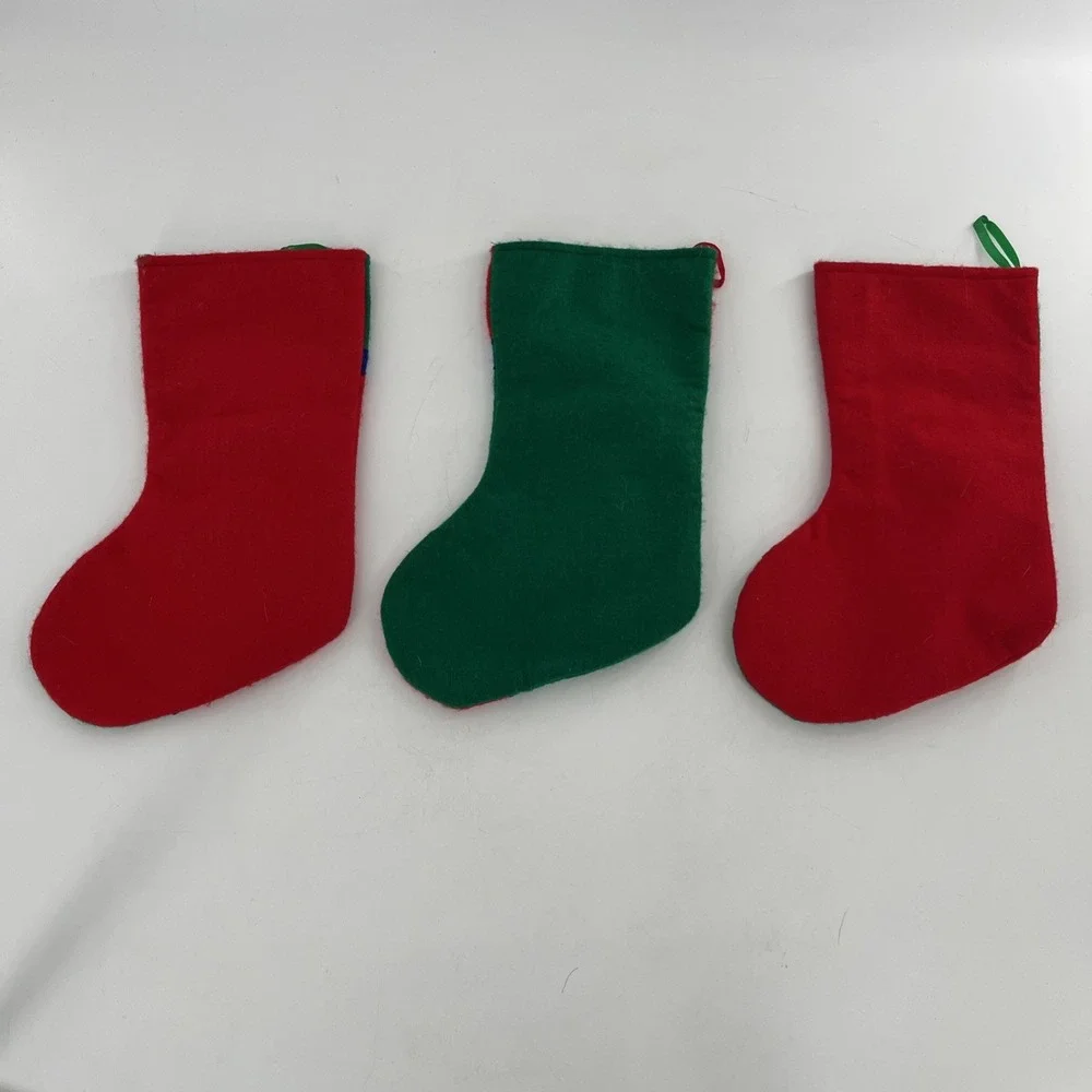 3 Set Vintage Felt Christmas Stockings 3D Plush Dog Puppy Cat Kitten Kitty 15.5